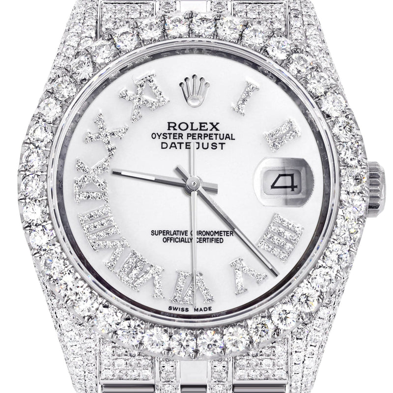 Iced Out Rolex Datejust 36 MM | Stainless Steel | 16.5 Carats of Diamonds | White Roman Diamond Dial | Jubilee Band | Model 116200