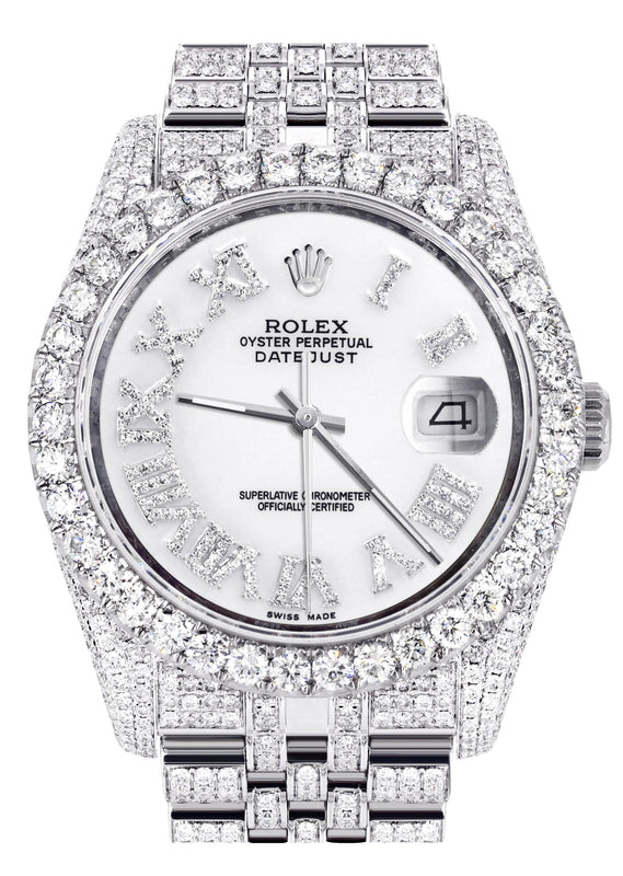 Iced Out Rolex Datejust 36 MM | Stainless Steel | 16.5 Carats of Diamonds | White Roman Diamond Dial | Jubilee Band | Model 116200