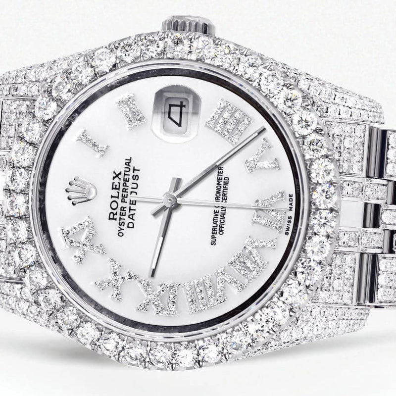 Iced Out Rolex Datejust 36 MM | Stainless Steel | 16.5 Carats of Diamonds | White Roman Diamond Dial | Jubilee Band | Model 116200