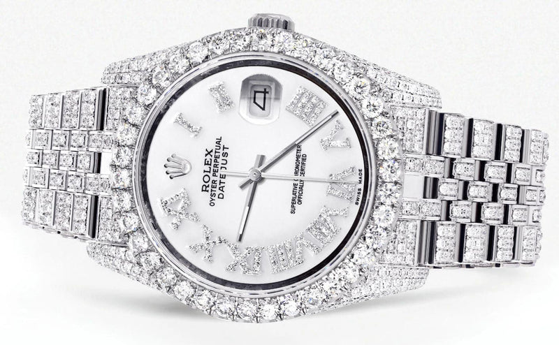 Iced Out Rolex Datejust 36 MM | Stainless Steel | 16.5 Carats of Diamonds | White Roman Diamond Dial | Jubilee Band | Model 116200