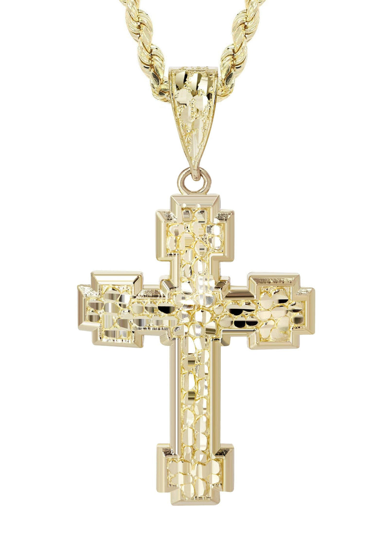 10K Yellow Gold  Nugget Cross Necklace | Appx. 13.5 Grams