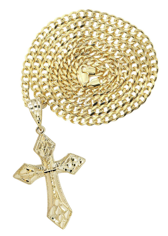 10K Yellow Gold  Nugget Cross Necklace | Appx. 15.2 Grams