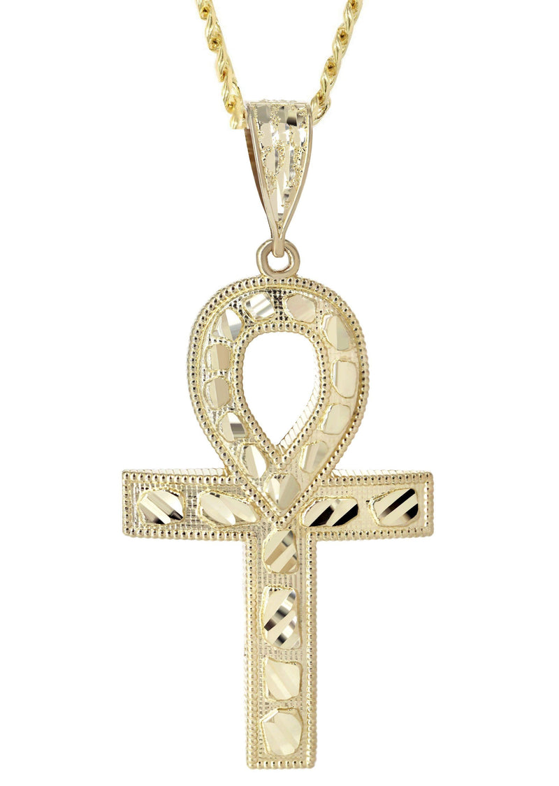10K Yellow Gold Diamond Cut Ankh Necklace | Appx. 16.3 Grams
