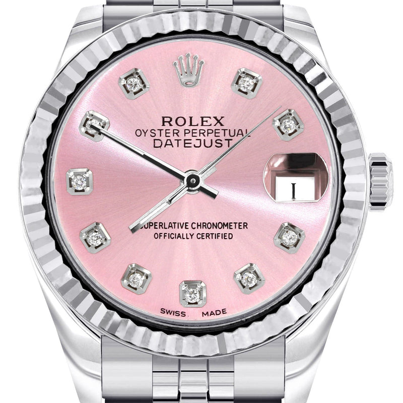 Diamond Rolex Watch | 68274 | Fluted Bezel | 31MM | Pink Diamond Dial | Jubilee Band