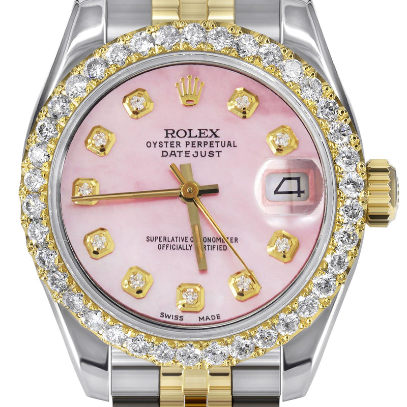 Womens Diamond Gold Hidden Clasp Rolex Watch | 1 Carat Bezel | 26Mm | Rose Dial | Jubilee Band | Model 179173