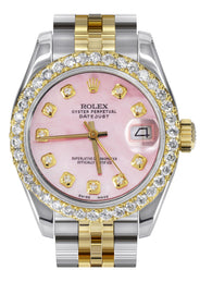 Womens Diamond Gold Hidden Clasp Rolex Watch | 1 Carat Bezel | 26Mm | Rose Dial | Jubilee Band | Model 179173
