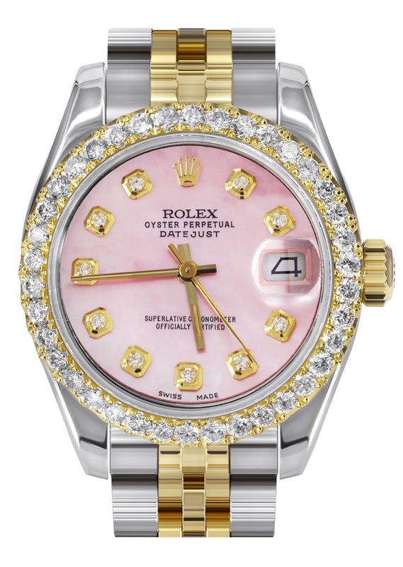 Womens Diamond Gold Hidden Clasp Rolex Watch | 1 Carat Bezel | 26Mm | Rose Dial | Jubilee Band | Model 179173