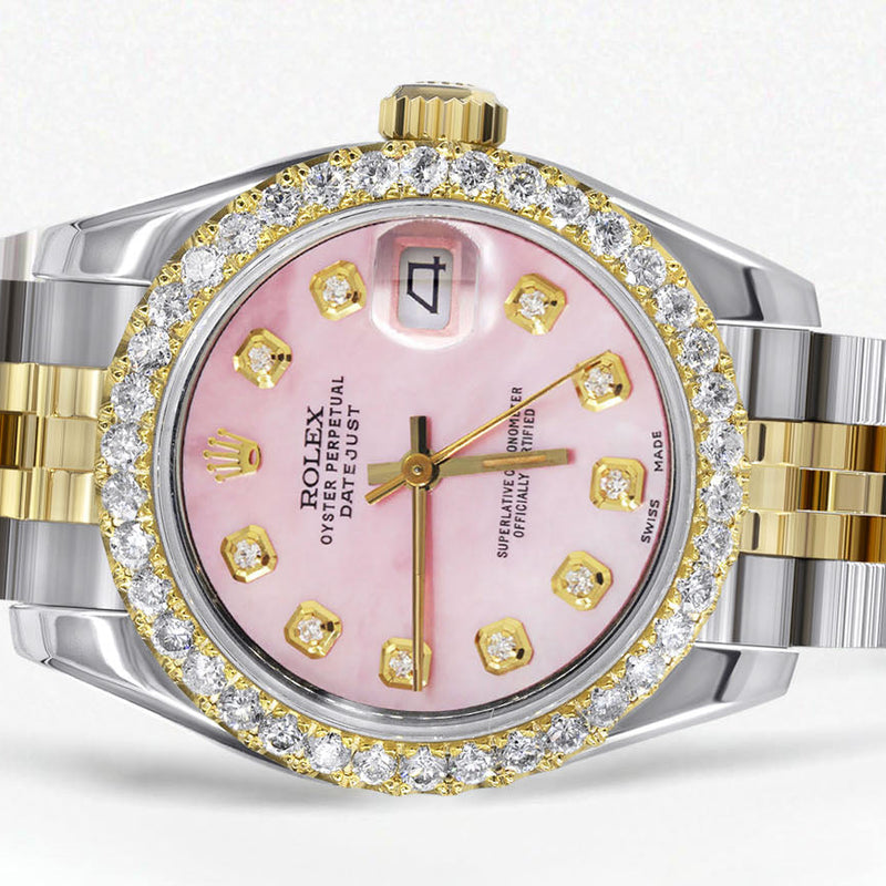 Womens Diamond Gold Hidden Clasp Rolex Watch | 1 Carat Bezel | 26Mm | Rose Dial | Jubilee Band | Model 179173
