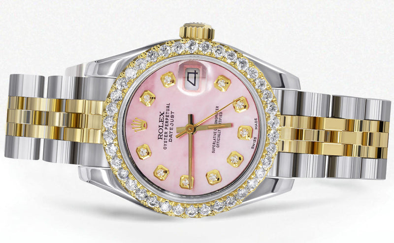Womens Diamond Gold Hidden Clasp Rolex Watch | 1 Carat Bezel | 26Mm | Rose Dial | Jubilee Band | Model 179173