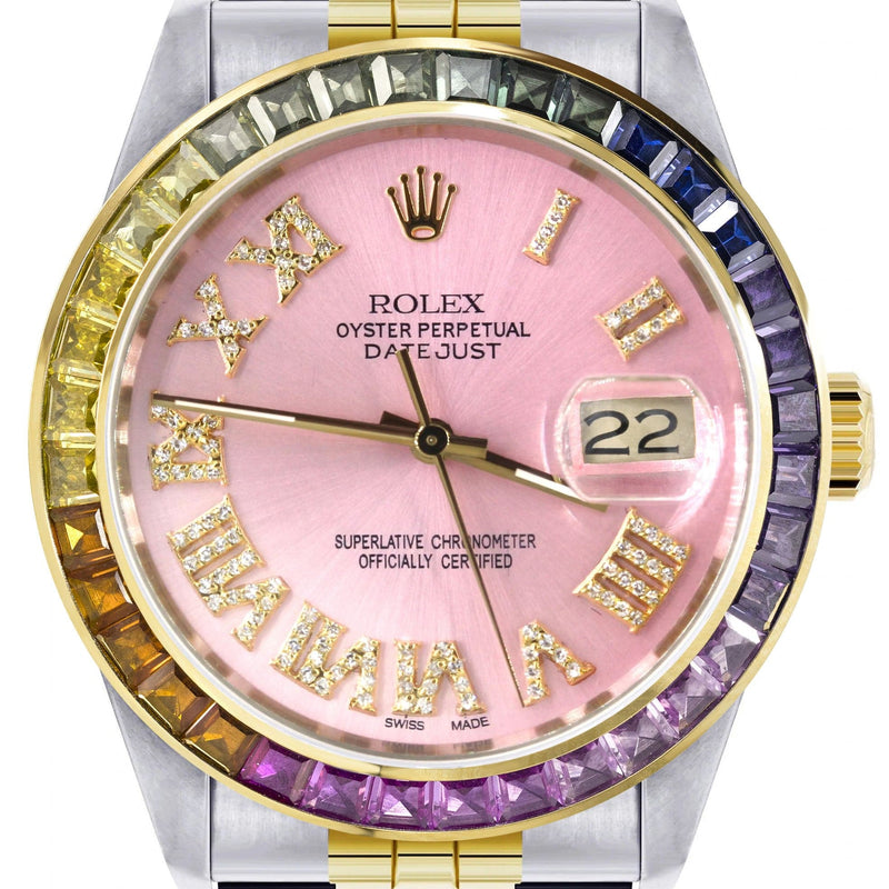 Diamond Gold Rolex Watch For Men 16233 | 36Mm | Rainbow Sapphire Bezel | Diamond Pink Roman Numeral Dial | Jubilee Band
