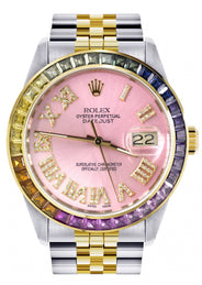 Diamond Gold Rolex Watch For Men 16233 | 36Mm | Rainbow Sapphire Bezel | Diamond Pink Roman Numeral Dial | Jubilee Band