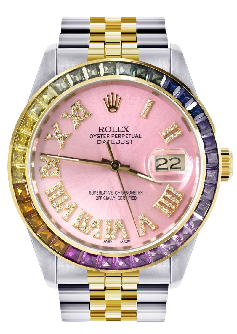 Diamond Gold Rolex Watch For Men 16233 | 36Mm | Rainbow Sapphire Bezel | Diamond Pink Roman Numeral Dial | Jubilee Band