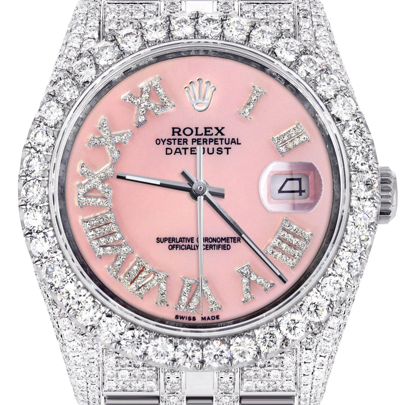 Iced Out Rolex Datejust 36 MM | Stainless Steel | 16.5 Carats of Diamonds | Pink Roman Diamond Dial | Jubilee Band | Model 116200