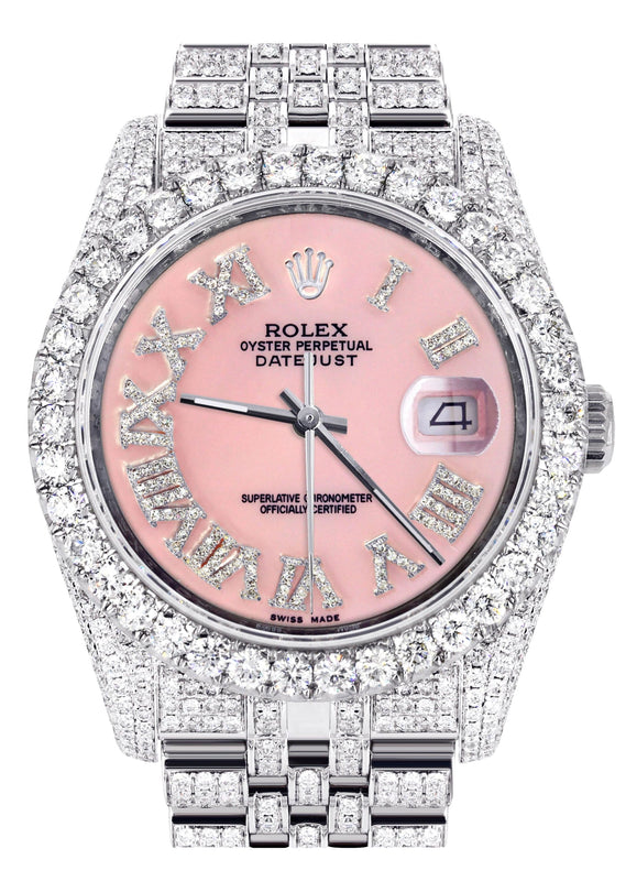Iced Out Rolex Datejust 36 MM | Stainless Steel | 16.5 Carats of Diamonds | Pink Roman Diamond Dial | Jubilee Band | Model 116200