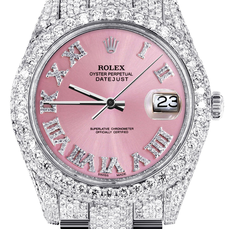 Womens Diamond Iced Out Rolex Datejust 41 | 25 Carats Of Diamonds | Custom Pink Roman Numeral Diamond Dial | Two Row | Oyster Band