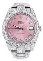 Womens Diamond Iced Out Rolex Datejust 41 | 25 Carats Of Diamonds | Custom Pink Roman Numeral Diamond Dial | Two Row | Oyster Band