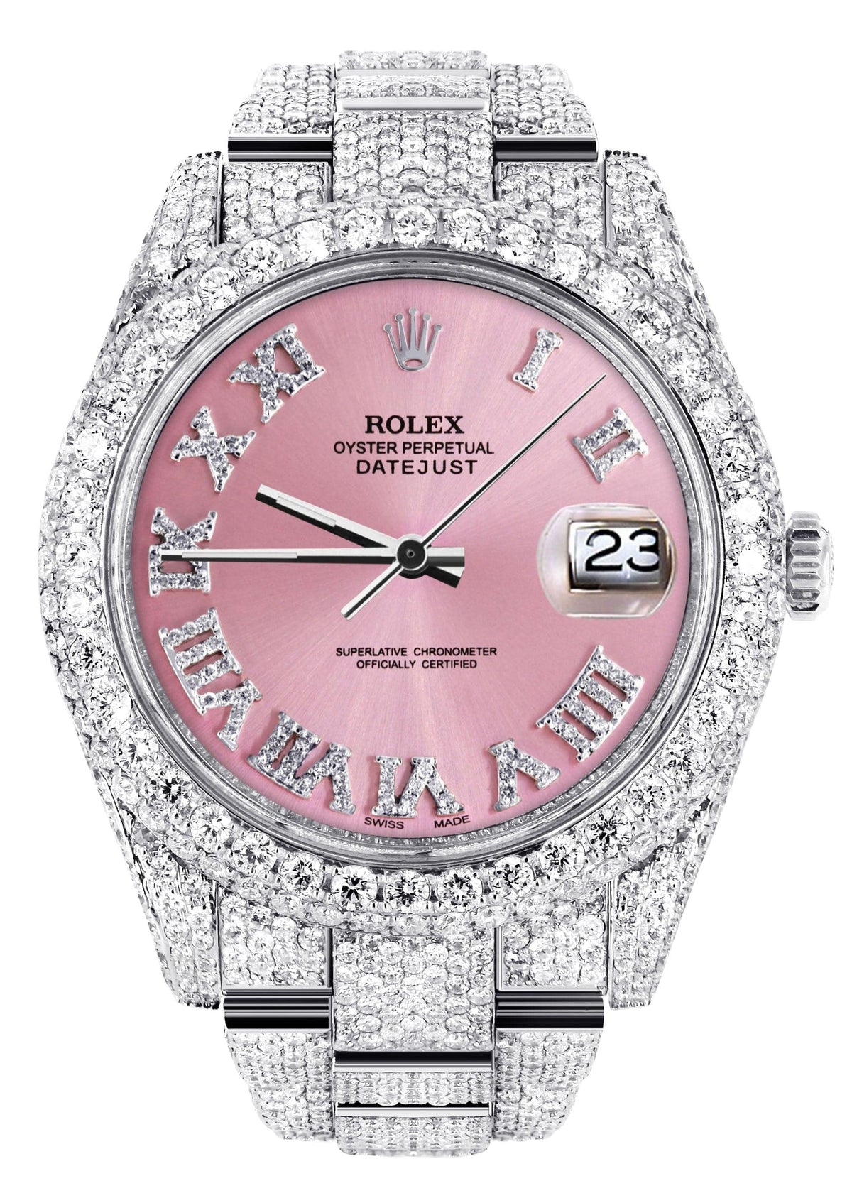 Diamond Iced Out Rolex Datejust 41 | 25 Carats Of Diamonds | Custom Pink Roman Numeral Diamond Dial | Two Row | Oyster Band