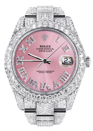 Diamond Iced Out Rolex Datejust 41 | 25 Carats Of Diamonds | Custom Pink Roman Numeral Diamond Dial | Two Row | Oyster Band