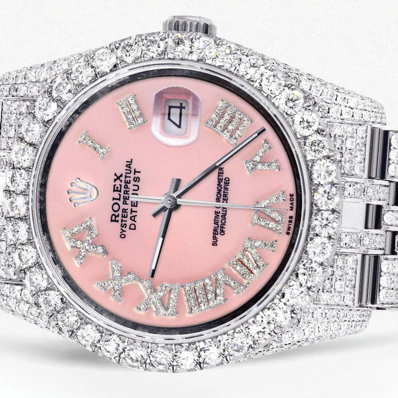 Iced Out Rolex Datejust 36 MM | Stainless Steel | 16.5 Carats of Diamonds | Pink Roman Diamond Dial | Jubilee Band | Model 116200