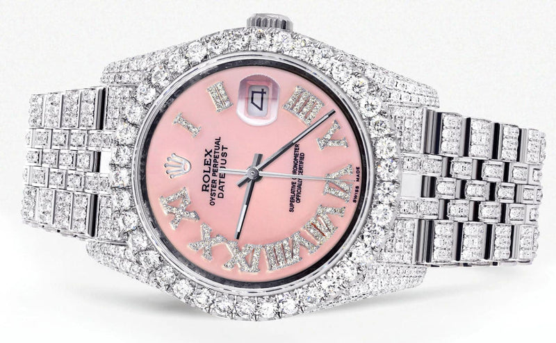 Iced Out Rolex Datejust 36 MM | Stainless Steel | 16.5 Carats of Diamonds | Pink Roman Diamond Dial | Jubilee Band | Model 116200
