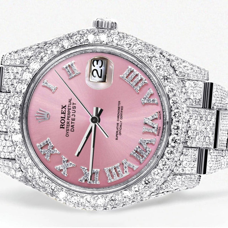 Diamond Iced Out Rolex Datejust 41 | 25 Carats Of Diamonds | Custom Pink Roman Numeral Diamond Dial | Two Row | Oyster Band
