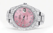 Diamond Iced Out Rolex Datejust 41 | 25 Carats Of Diamonds | Custom Pink Roman Numeral Diamond Dial | Two Row | Oyster Band
