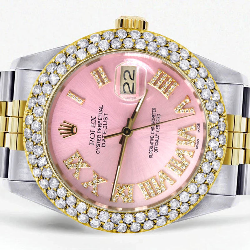 Diamond Gold Rolex Watch For Men 16233 | 36Mm | Pink Roman Numeral Dial | Two Row 4.25 Carat Bezel | Jubilee Band