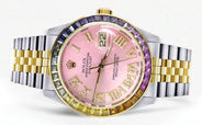 Diamond Gold Rolex Watch For Men 16233 | 36Mm | Rainbow Sapphire Bezel | Diamond Pink Roman Numeral Dial | Jubilee Band