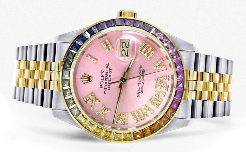 Diamond Gold Rolex Watch For Men 16233 | 36Mm | Rainbow Sapphire Bezel | Diamond Pink Roman Numeral Dial | Jubilee Band