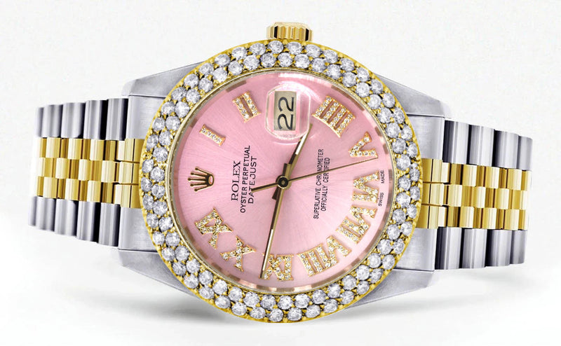 Diamond Gold Rolex Watch For Women 16233 | 36Mm | Pink Roman Numeral Dial | Two Row 4.25 Carat Bezel | Jubilee Band
