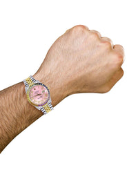 Diamond Gold Rolex Watch For Men 16233 | 36Mm | Rainbow Sapphire Bezel | Diamond Pink Roman Numeral Dial | Jubilee Band