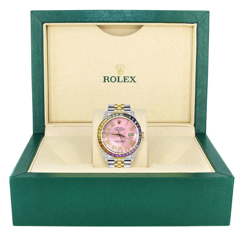 Diamond Gold Rolex Watch For Men 16233 | 36Mm | Rainbow Sapphire Bezel | Diamond Pink Roman Numeral Dial | Jubilee Band
