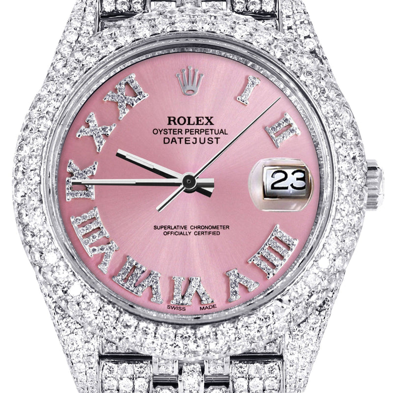 Womens Diamond Iced Out Rolex Datejust 41 | 25 Carats Of Diamonds | Custom Pink Roman Numeral Diamond Dial | Two Row | Jubilee Band