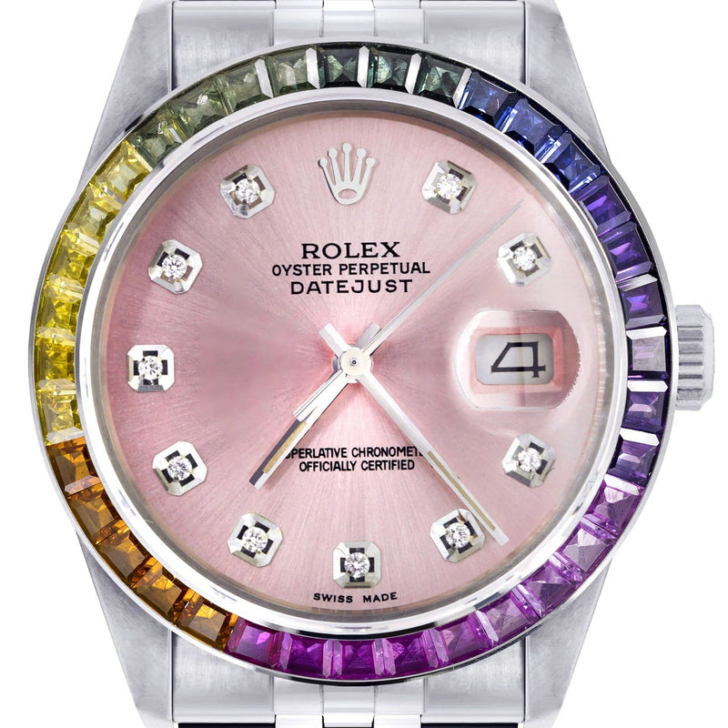 Diamond Gold Rolex Watch For Men 16200 | 36Mm | Rainbow Sapphire Bezel | Pink Dial | Jubilee Band