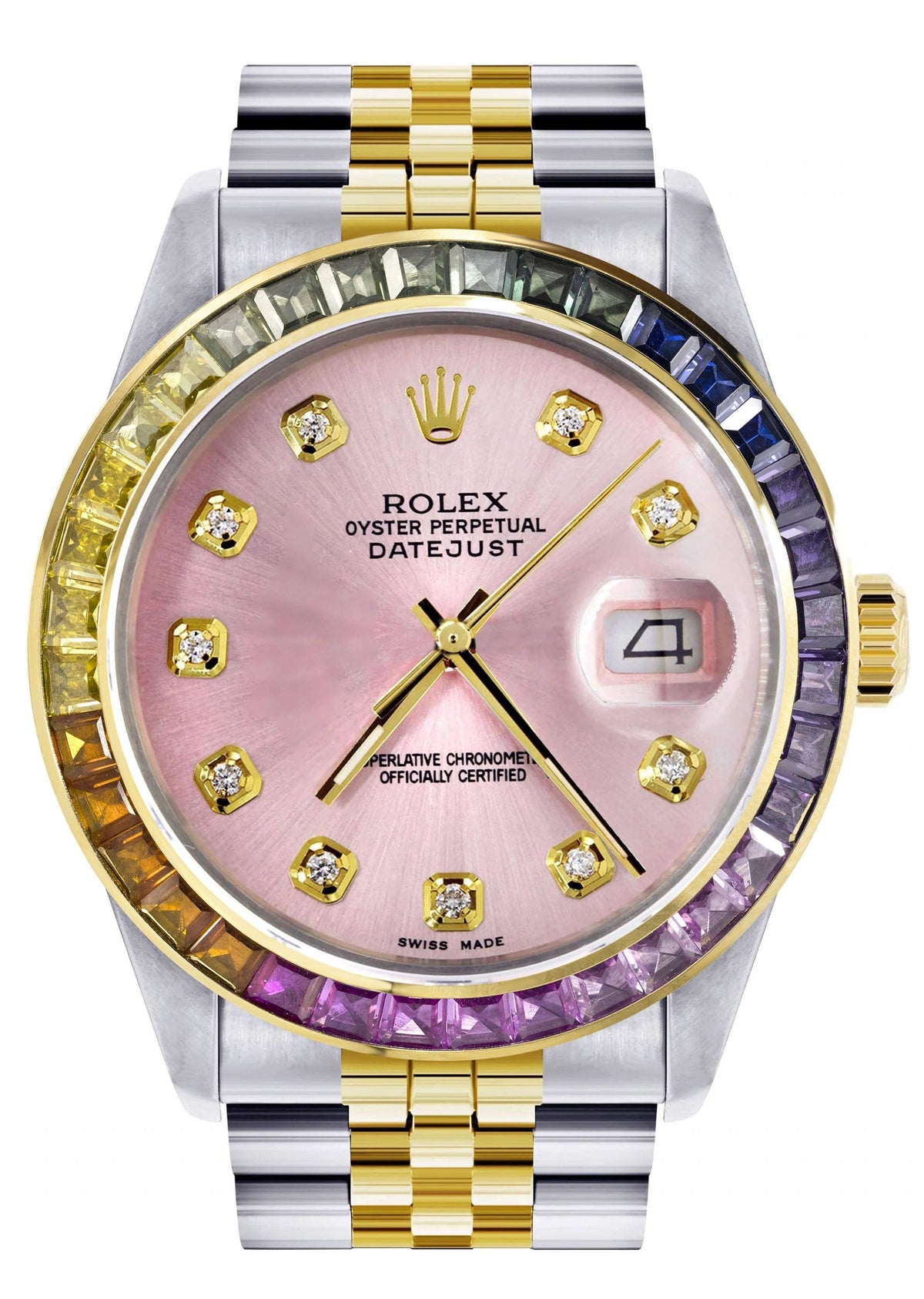 Diamond Gold Rolex Watch For Men 16233 | 36Mm | Rainbow Sapphire Bezel | Pink Dial | Jubilee Band
