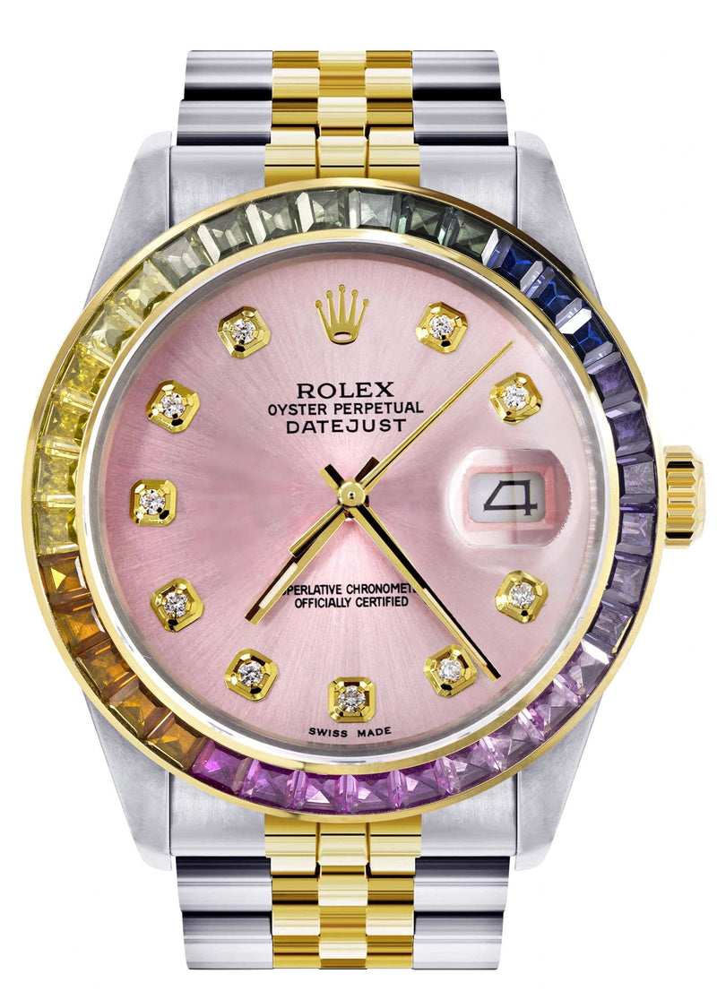 Diamond Gold Rolex Watch For Men 16233 | 36Mm | Rainbow Sapphire Bezel | Pink Dial | Jubilee Band