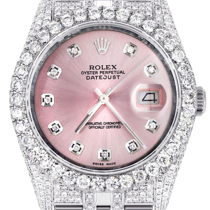 Iced Out Rolex Datejust 36 MM | Stainless Steel | 16.5 Carats of Diamonds | Pink Diamond Dial | Jubilee Band | Model 116200
