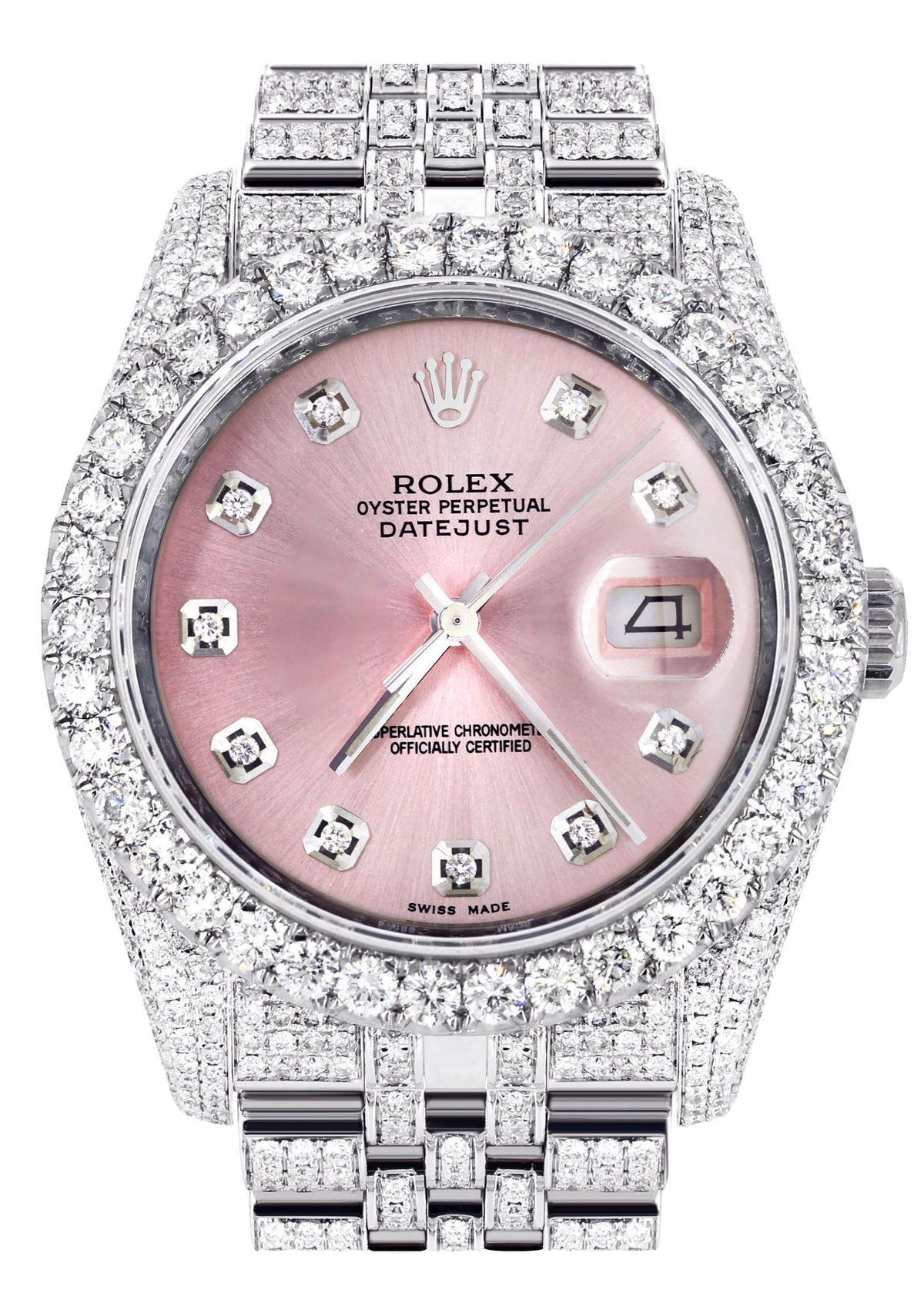 Iced Out Rolex Datejust 36 MM | Stainless Steel | 16.5 Carats of Diamonds | Pink Diamond Dial | Jubilee Band | Model 116200
