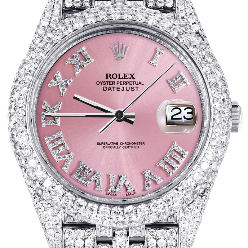 Diamond Iced Out Rolex Datejust 41 | 25 Carats Of Diamonds | Custom Pink Roman Numeral Diamond Dial | Two Row | Jubilee Band