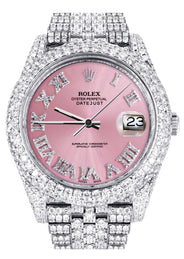 Diamond Iced Out Rolex Datejust 41 | 25 Carats Of Diamonds | Custom Pink Roman Numeral Diamond Dial | Two Row | Jubilee Band