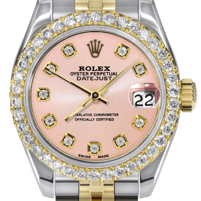 Womens Diamond Gold Hidden Clasp Rolex Watch | 1 Carat Bezel | 26Mm | Pink Dial | Jubilee Band | Model 179173