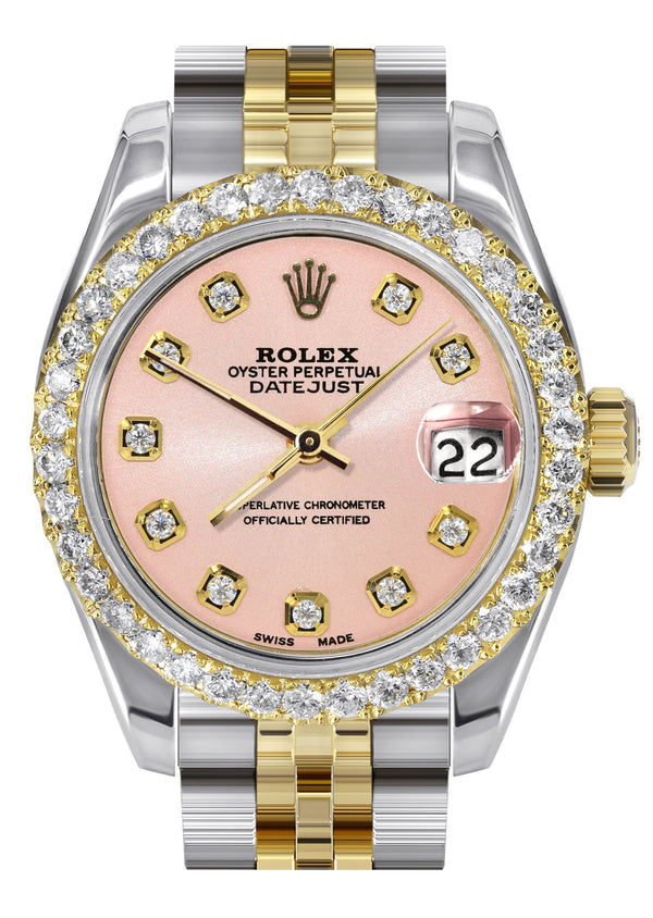 Womens Diamond Gold Hidden Clasp Rolex Watch | 1 Carat Bezel | 26Mm | Pink Dial | Jubilee Band | Model 179173