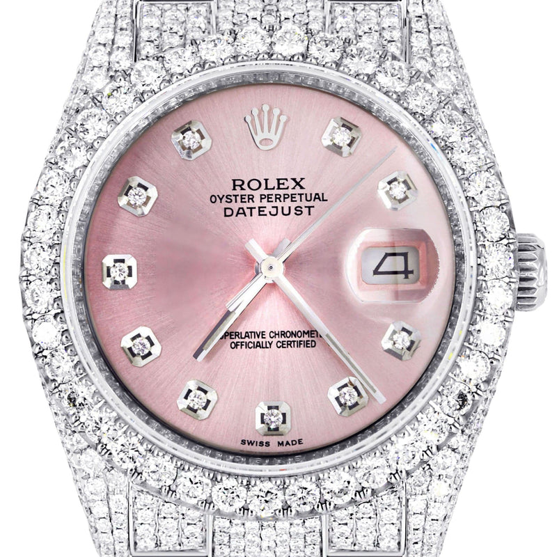 Iced Out Rolex Datejust 36 MM | Stainless Steel | 16.5 Carats of Diamonds | Pink Diamond Dial | Oyster Band | Model 116200