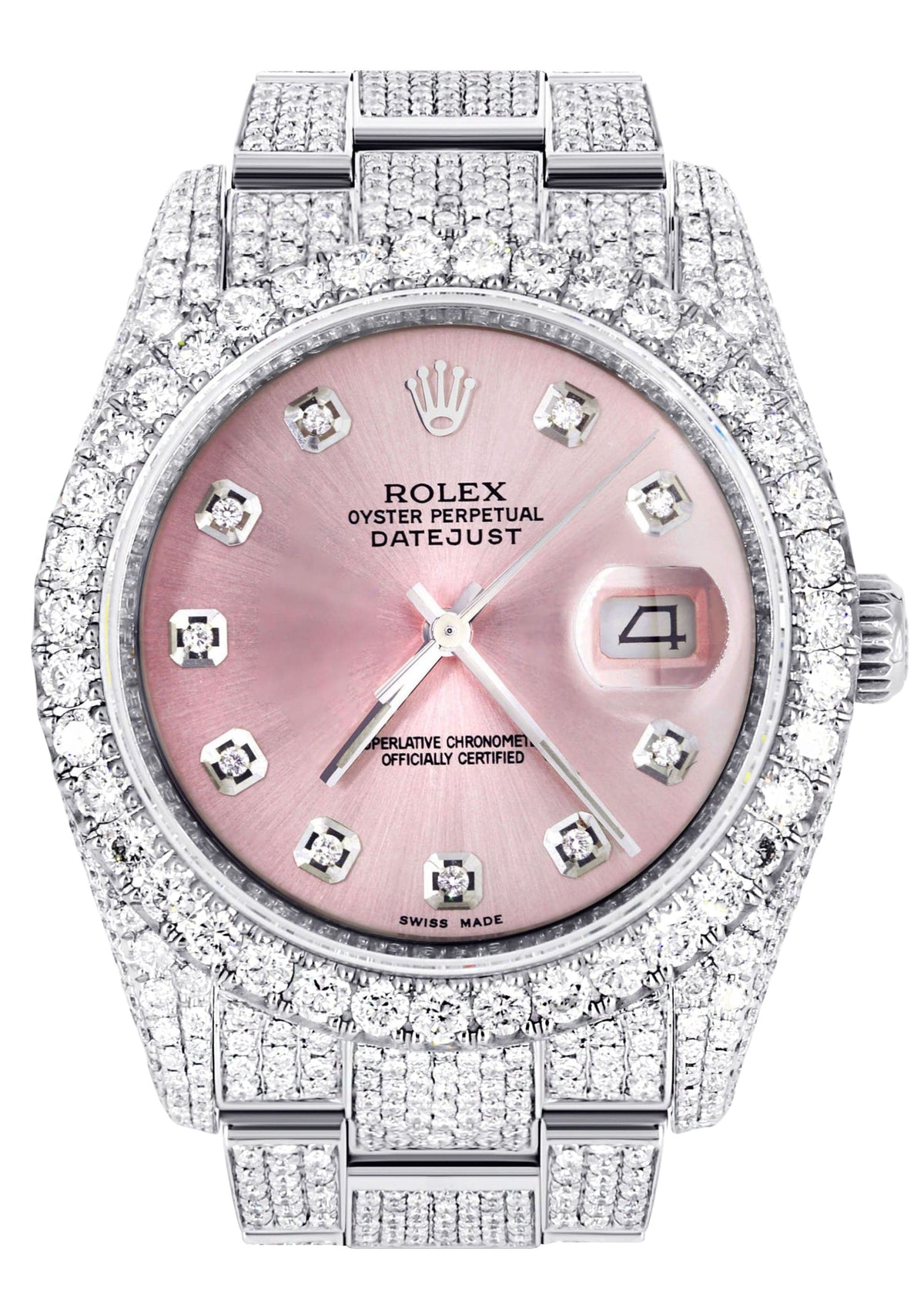 Iced Out Rolex Datejust 36 MM | Stainless Steel | 16.5 Carats of Diamonds | Pink Diamond Dial | Oyster Band | Model 116200