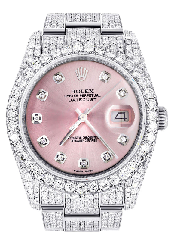 Iced Out Rolex Datejust 36 MM | Stainless Steel | 16.5 Carats of Diamonds | Pink Diamond Dial | Oyster Band | Model 116200