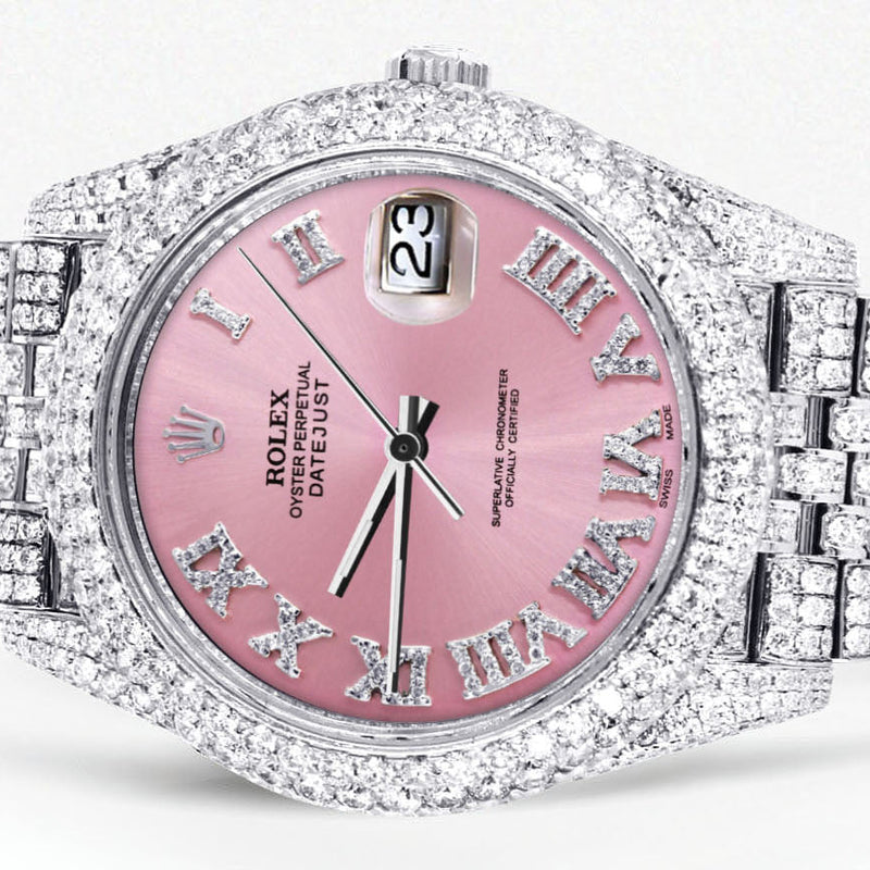 Womens Diamond Iced Out Rolex Datejust 41 | 25 Carats Of Diamonds | Custom Pink Roman Numeral Diamond Dial | Two Row | Jubilee Band