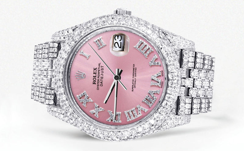 Womens Diamond Iced Out Rolex Datejust 41 | 25 Carats Of Diamonds | Custom Pink Roman Numeral Diamond Dial | Two Row | Jubilee Band