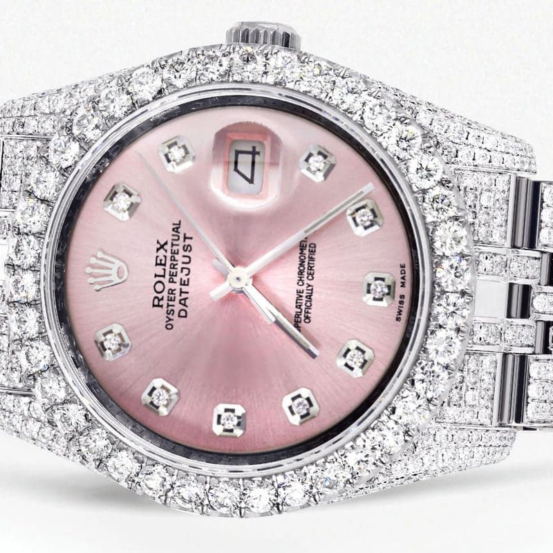 Iced Out Rolex Datejust 36 MM | Stainless Steel | 16.5 Carats of Diamonds | Pink Diamond Dial | Jubilee Band | Model 116200