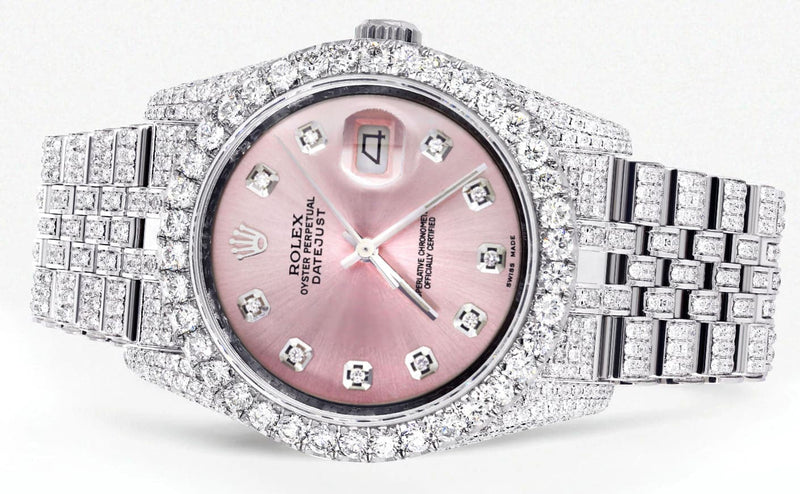 Iced Out Rolex Datejust 36 MM | Stainless Steel | 16.5 Carats of Diamonds | Pink Diamond Dial | Jubilee Band | Model 116200