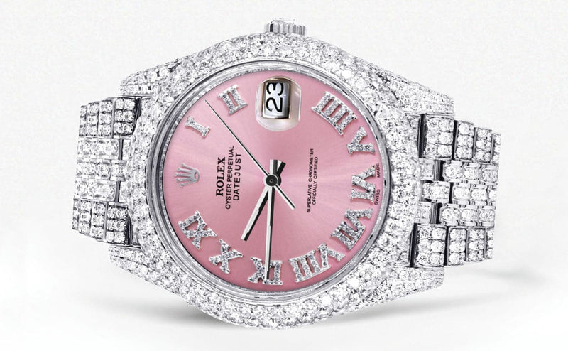 Diamond Iced Out Rolex Datejust 41 | 25 Carats Of Diamonds | Custom Pink Roman Numeral Diamond Dial | Two Row | Jubilee Band
